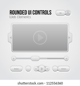 Rounded Light UI Controls Web Elements 2: Buttons, Switchers, On, Off, Player, Audio, Video: Play, Stop, Next, Pause, Volume, Slider, Progress Bar, Bulb