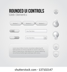 Rounded Light UI Controls Web Elements: Menu, Navigation Bar, Buttons, Switchers, On, Off, Volume, Slider, Message Box, Drop-down, Tooltip, Bulb