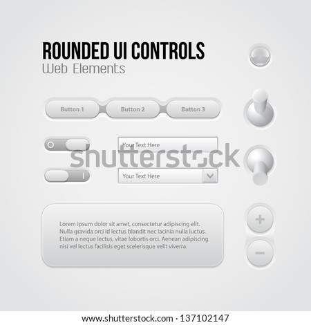 Rounded Light UI Controls Web Elements: Menu, Navigation Bar, Buttons, Switchers, On, Off, Volume, Slider, Message Box, Drop-down, Tooltip, Bulb