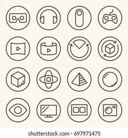 Rounded Line icons for Virtual Reality innovation technologies. Uses of Virtual Reality.