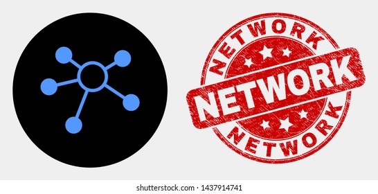 Rounded links pictogram and Network seal stamp. Red rounded distress seal stamp with Network caption. Blue links symbol on black circle. Vector combination for links in flat style.