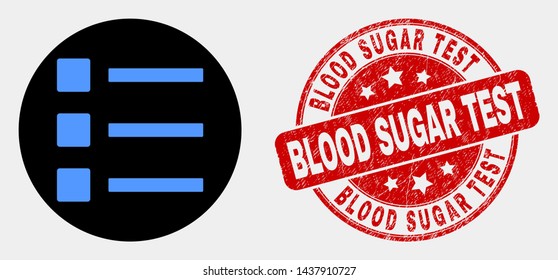 Rounded list items icon and Blood Sugar Test seal stamp. Red rounded scratched seal with Blood Sugar Test caption. Blue list items icon on black circle.