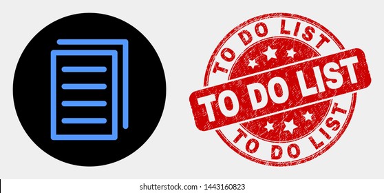 Rounded list page pictogram and To Do List seal stamp. Red rounded distress seal stamp with To Do List caption. Blue list page symbol on black circle. Vector composition in flat style.