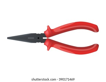 Rounded little pliers with plastic handles, for working with electricity and plumbing. Tool electrician and carpenter. Red color. Isolated on white background.