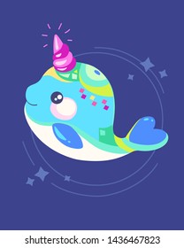 Rounded little whale, blue and blue hues. Cute kawaii cartoon magic animal. Colorful vector illustration for kids designs, posters, cards.