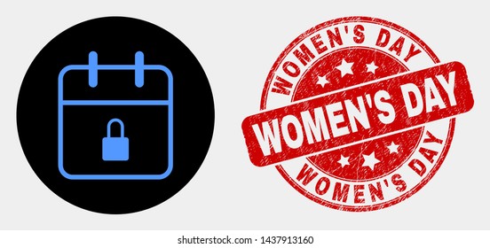 Rounded lock calendar page icon and Women's Day watermark. Red rounded scratched watermark with Women'S Day text. Blue lock calendar page icon on black circle.