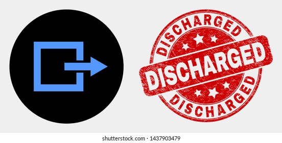 Rounded log out icon and Discharged seal stamp. Red round textured seal stamp with Discharged caption. Blue log out icon on black circle. Vector composition for log out in flat style.