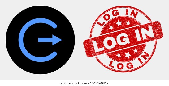 Rounded log out icon and Log In seal stamp. Red rounded distress seal stamp with Log In caption. Blue log out symbol on black circle. Vector combination in flat style.