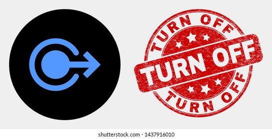 Rounded Logout Icon And Turn Off Seal. Red Rounded Distress Stamp With Turn Off Text. Blue Logout Icon On Black Circle. Vector Combination For Logout In Flat Style.