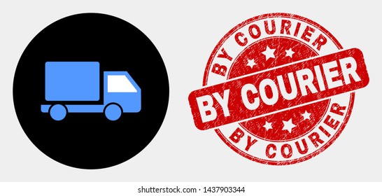 Rounded lorry icon and By Courier seal. Red rounded distress seal stamp with By Courier caption. Blue lorry icon on black circle. Vector composition for lorry in flat style.