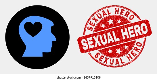 Rounded lovely heart man head icon and Sexual Hero seal stamp. Red rounded distress seal with Sexual Hero text. Blue lovely heart man head icon on black circle.