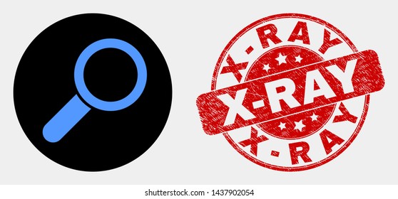 Rounded magnifier tool icon and X-Ray seal stamp. Red rounded distress seal with X-Ray caption. Blue magnifier tool icon on black circle. Vector combination for magnifier tool in flat style.