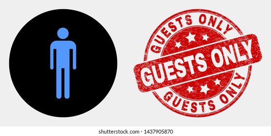 Rounded man icon and Guests Only seal. Red round grunge seal stamp with Guests Only text. Blue man icon on black circle. Vector composition for man in flat style.