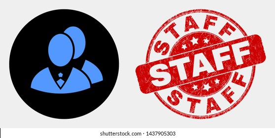 Rounded managers icon and Staff seal. Red round scratched seal stamp with Staff caption. Blue managers icon on black circle. Vector combination for managers in flat style.