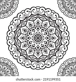 Rounded Mandala boho doodle, Ethnic ornament sketched symmetry. Folk meditation design Curved shape,