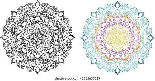 Rounded mandala coloring page, vector illustration. Flower Mandala Design