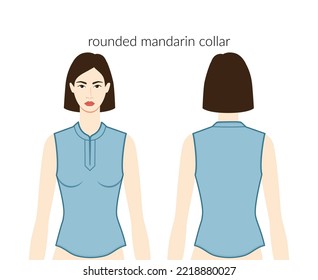 Rounded mandarin collar neckline clothes character beautiful lady in blue top, shirt, dress technical fashion illustration with fitted body. Flat apparel template front, back sides. Women, men unisex