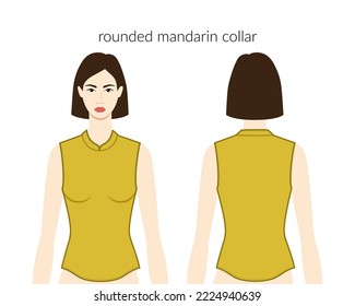 Rounded mandarin neckline collars clothes character beautiful lady in ochre top, shirt, dress technical fashion illustration with fitted body. Flat apparel template front, back sides. Women men unisex