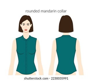 Rounded mandarin neckline collars, plackets clothes character in emerald top, shirt technical fashion illustration with fitted body. Flat apparel template front back sides. Women men unisex CAD mockup