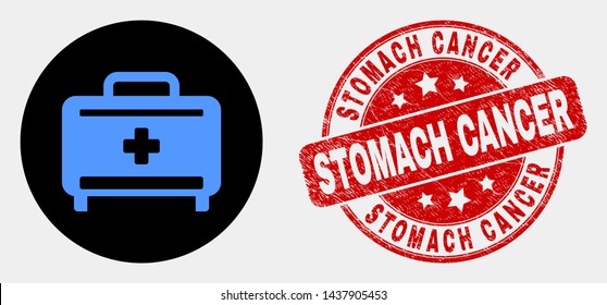 Rounded medical baggage icon and Stomach Cancer stamp. Red rounded distress seal stamp with Stomach Cancer text. Blue medical baggage icon on black circle.