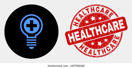 Rounded medical bulb icon and Healthcare stamp. Red rounded scratched stamp with Healthcare text. Blue medical bulb symbol on black circle. Vector combination for medical bulb in flat style.