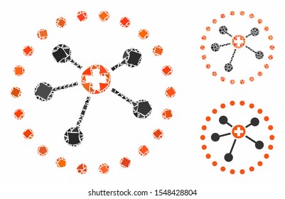 Rounded medical connections composition of inequal parts in various sizes and shades, based on rounded medical connections icon. Vector unequal parts are united into illustration.