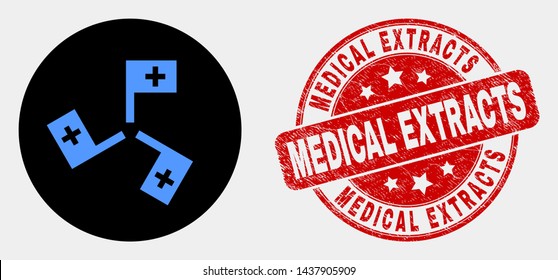 Rounded medical flags icon and Medical Extracts watermark. Red rounded grunge watermark with Medical Extracts text. Blue medical flags icon on black circle.