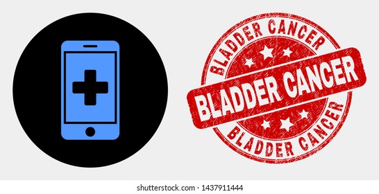 Rounded Medical Mobile App Pictogram And Bladder Cancer Seal Stamp. Red Rounded Grunge Seal Stamp With Bladder Cancer Text. Blue Medical Mobile App Icon On Black Circle.