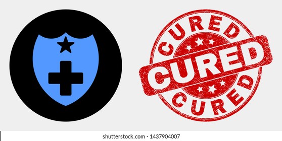 Rounded medical shield icon and Cured seal stamp. Red rounded scratched seal with Cured caption. Blue medical shield icon on black circle. Vector combination for medical shield in flat style.