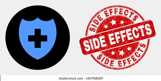 Rounded medical shield pictogram and Side Effects watermark. Red rounded distress watermark with Side Effects caption. Blue medical shield icon on black circle.