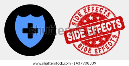 Rounded medical shield pictogram and Side Effects watermark. Red rounded distress watermark with Side Effects caption. Blue medical shield icon on black circle.