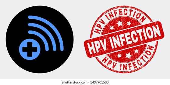 Rounded medical source icon and Hpv Infection watermark. Red rounded textured stamp with Hpv Infection text. Blue medical source icon on black circle.