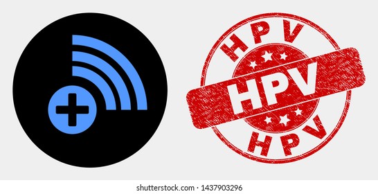 Rounded medical source icon and Hpv stamp. Red round grunge stamp with Hpv text. Blue medical source icon on black circle. Vector composition for medical source in flat style.