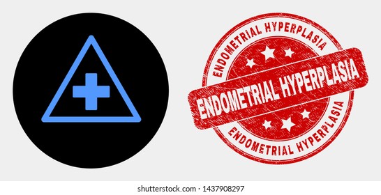 Rounded medical warning triangle icon and Endometrial Hyperplasia seal. Red rounded distress seal with Endometrial Hyperplasia text. Blue medical warning triangle icon on black circle.