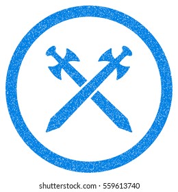 Rounded Medieval Swords rubber seal stamp watermark. Icon symbol inside circle with grunge design and scratched texture. Unclean vector blue sign.