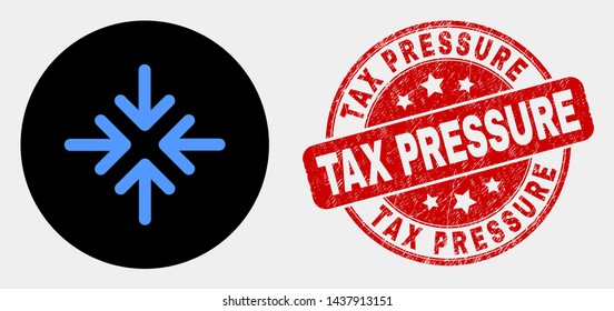 Rounded meeting point arrows icon and Tax Pressure seal. Red rounded textured seal with Tax Pressure text. Blue meeting point arrows icon on black circle.