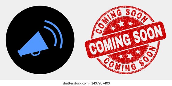 Rounded megaphone sound icon and Coming Soon watermark. Red rounded scratched watermark with Coming Soon caption. Blue megaphone sound icon on black circle.