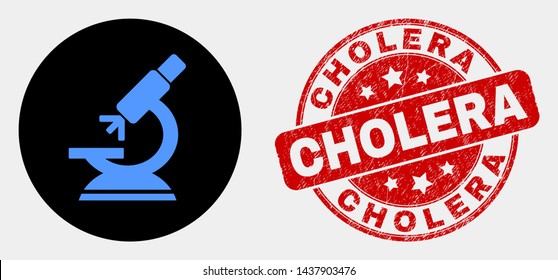 Rounded microscope icon and Cholera seal stamp. Red rounded distress stamp with Cholera text. Blue microscope icon on black circle. Vector composition for microscope in flat style.