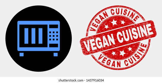 Rounded microwave oven pictogram and Vegan Cuisine seal stamp. Red rounded textured seal with Vegan Cuisine caption. Blue microwave oven icon on black circle.