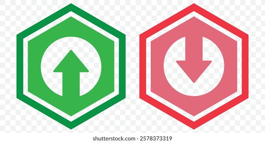 Rounded mini arrows, up and down icon. A small two-way black, red and green direction symbol. Isolated on a transparent background. Eps 10.