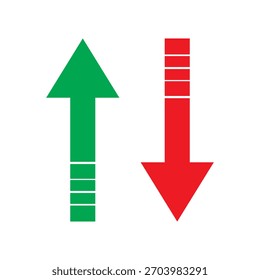 Abgerundete Mini-Pfeile, Symbol nach oben unten. Ein kleines rotes und grünes Richtungssymbol. Einzeln auf weißem Hintergrund.