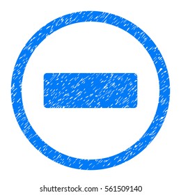 Rounded Minus rubber seal stamp watermark. Icon symbol inside circle with grunge design and dust texture. Unclean vector blue sign.