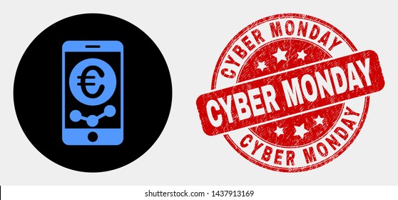 Rounded mobile euro chart icon and Cyber Monday seal. Red rounded textured seal with Cyber Monday caption. Blue mobile euro chart icon on black circle.