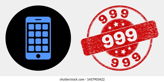 Rounded mobile phone icon and 999 seal stamp. Red rounded textured seal stamp with 999 text. Blue mobile phone icon on black circle. Vector composition for mobile phone in flat style.