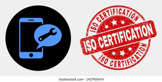 Rounded mobile service message icon and ISO Certification watermark. Red rounded textured seal with ISO Certification text. Blue mobile service message icon on black circle.