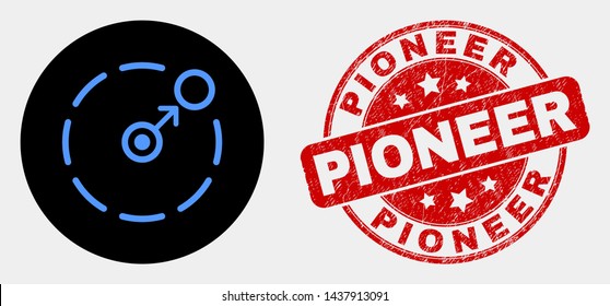 Rounded move to circle perimeter pictogram and Pioneer stamp. Red rounded distress seal stamp with Pioneer caption. Blue move to circle perimeter symbol on black circle.