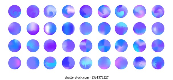 Rounded multicolored stylish holographic gradient sphere button. Circle gradients, colorful round buttons or vivid color spheres flat set. Can be used as icons, for logos or other graphic elements.
