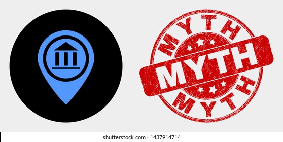 Rounded museum map marker icon and Myth seal stamp. Red rounded scratched stamp with Myth text. Blue museum map marker icon on black circle. Vector composition for museum map marker in flat style.