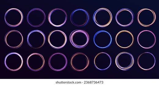 Rounded neon line with light effect. Energy flow tunnel. Blue portal, platform. Night road speed illustration.