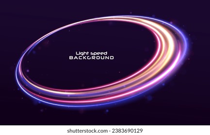 Rounded neon line with light effect. Energy flow tunnel. Blue portal, platform. Night road speed illustration.	